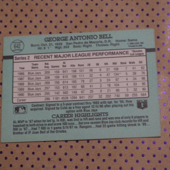 George Bell #642 Baseball Card - Picture 2 of 2